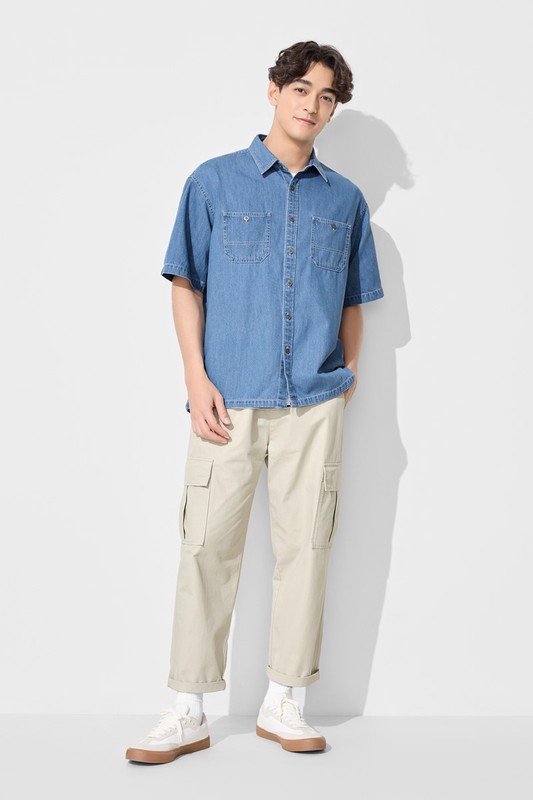 牛仔寬版短袖襯衫-男