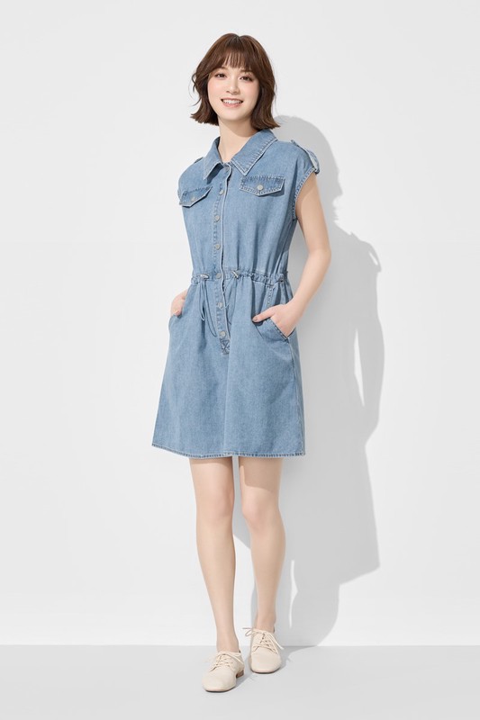 可調式腰圍牛仔短洋裝-女