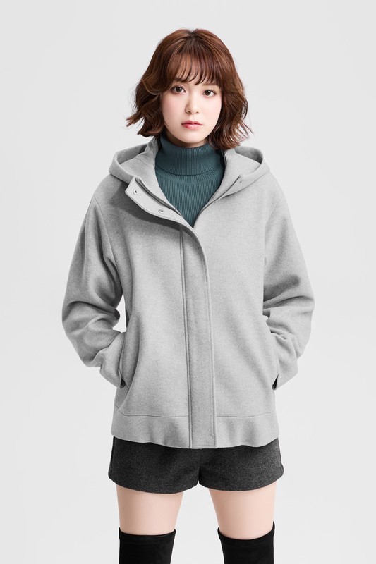 仿毛呢連帽短大衣-女