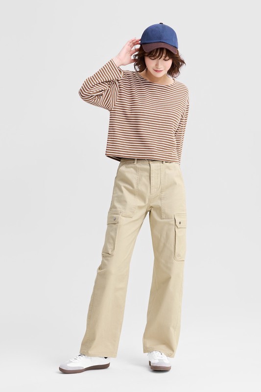 厚織羅紋條紋寬鬆短版T恤-女