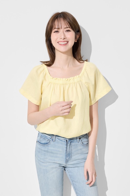 亞麻混紡方領寬版上衣-女