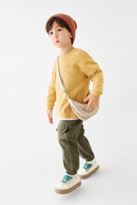 磨毛柔棉寬鬆口袋長袖T恤-童