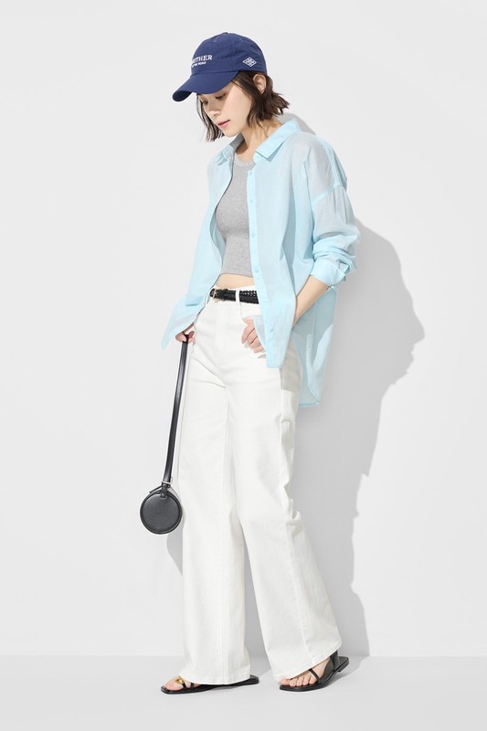 棉質透膚長袖襯衫-女