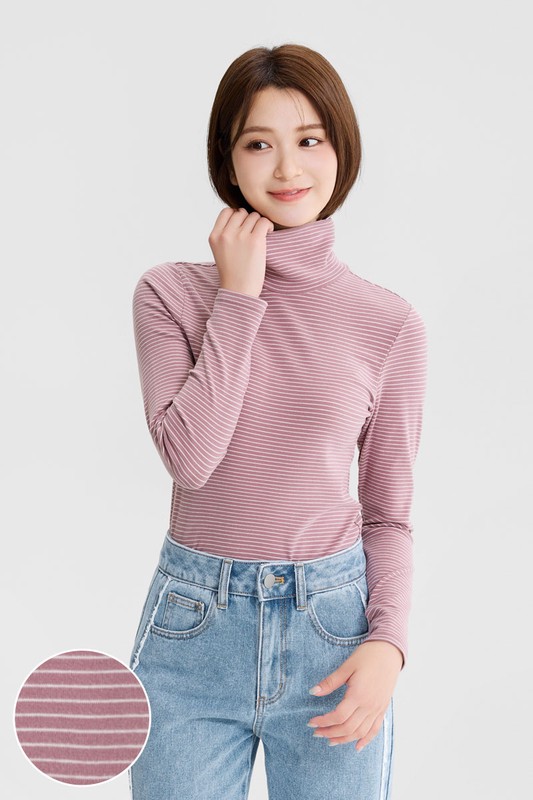 磨毛羅紋條紋高領T恤-女