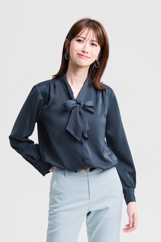 緞面領結長袖襯衫-女