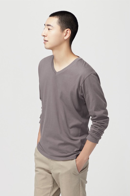 純棉V領長袖T恤-男