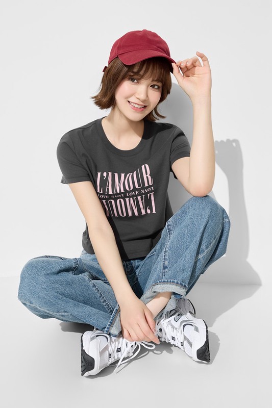 純棉圓領文字印花短版T恤-女