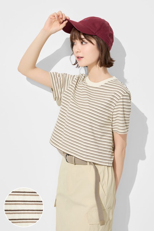 純棉短版條紋T恤-女