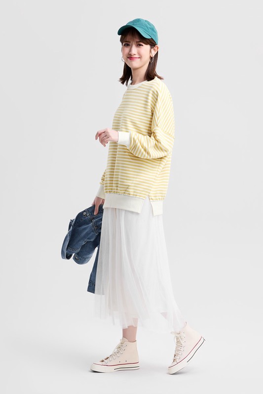 刷毛寬長版條紋圓領衫-女