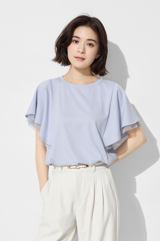 柔滑棉網紗荷葉袖上衣-女