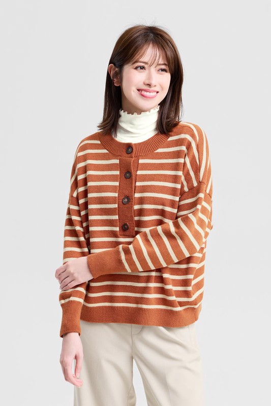 寬版條紋半開襟毛衣-女