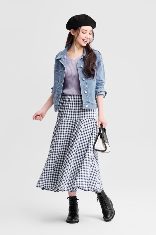 棉質格紋中長裙-女