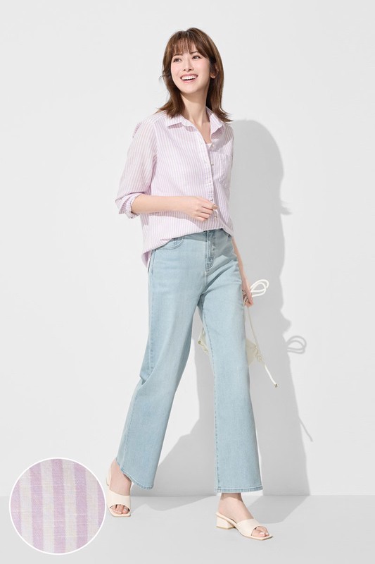 棉麻條紋長版襯衫-女