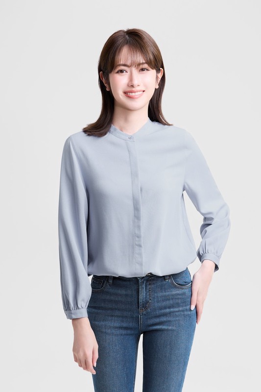 嫘縈立領長袖襯衫-女