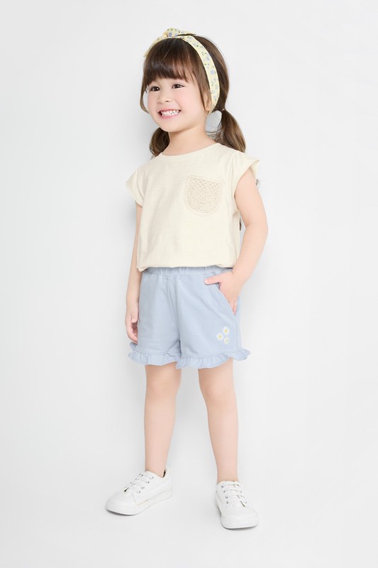 竹節棉蕾絲口袋T恤-童