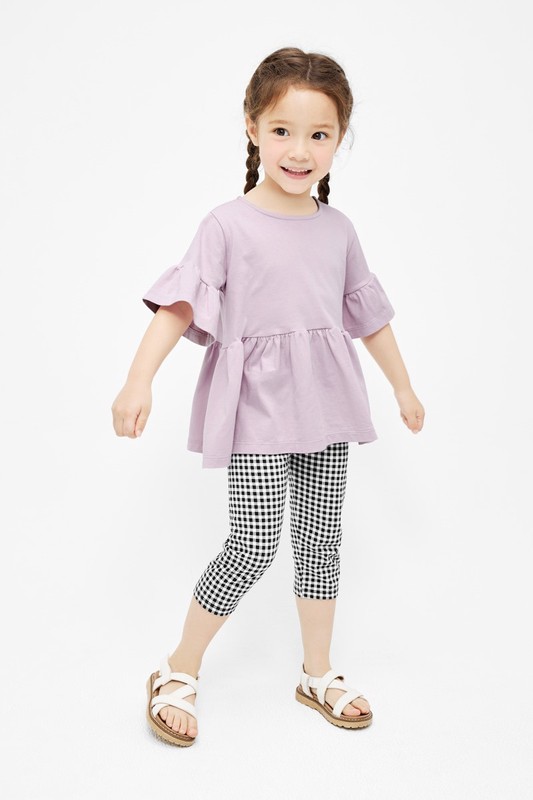 彈力格紋七分內搭褲-童