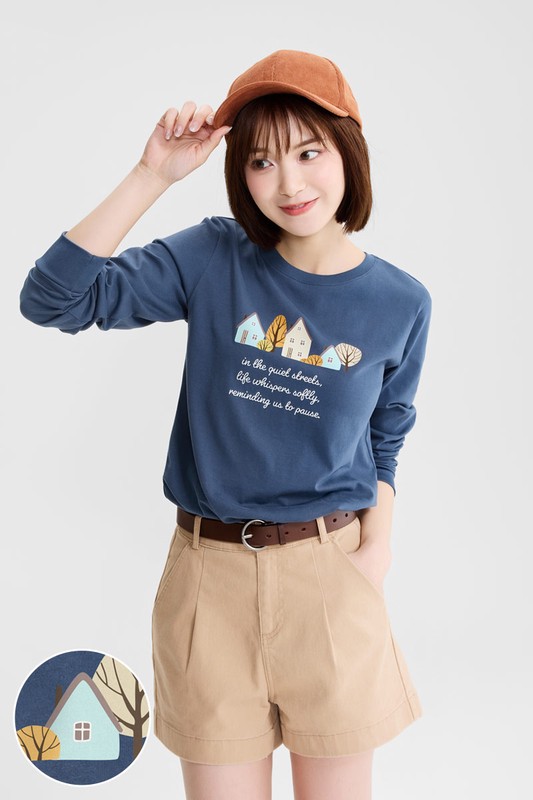 靜謐時光長袖印花T恤-女