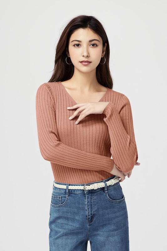 柔軟羅紋V領毛衣-女