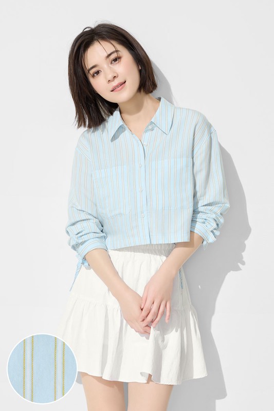 輕柔條紋短版長袖襯衫-女