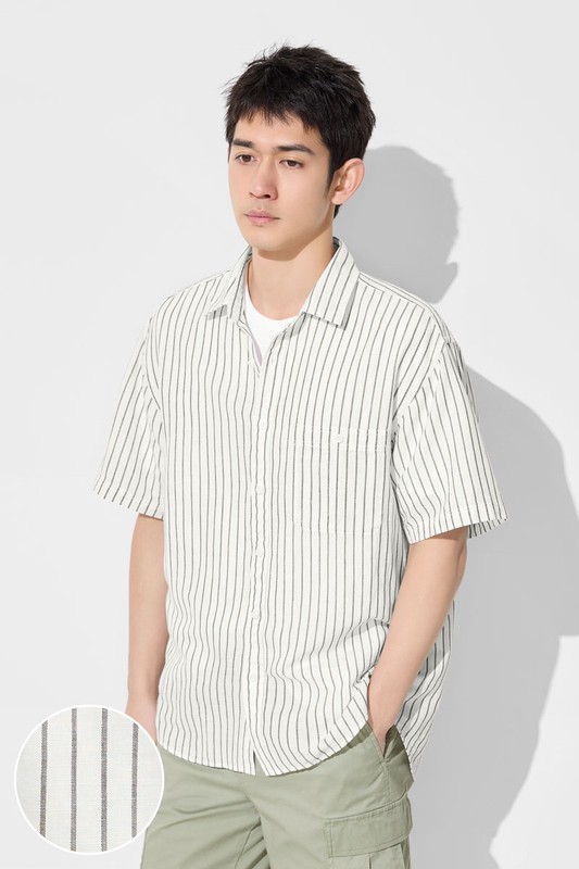 棉麻寬版條紋短袖襯衫-男