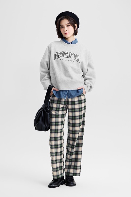 刷毛寬短版印花圓領衫-女