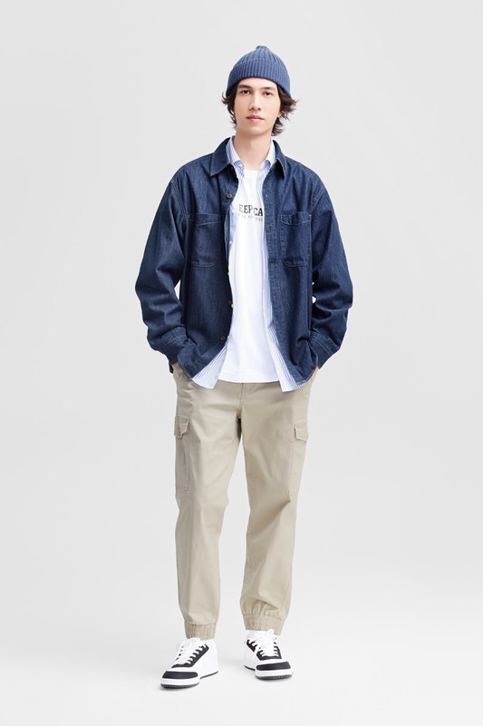 牛仔寬版長袖襯衫-男