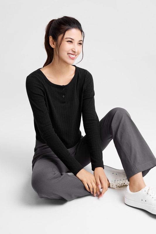 羅紋提花短版長袖T恤-女