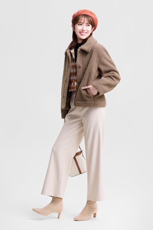 仿羊羔絨翻領外套-女