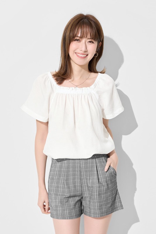 亞麻混紡方領寬版上衣-女