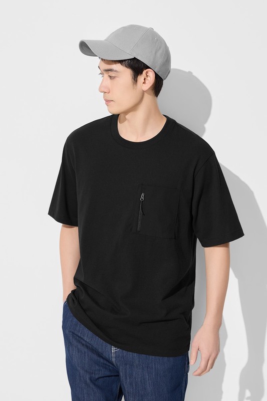 純棉厚寬版拉鍊袋五分袖T恤-男