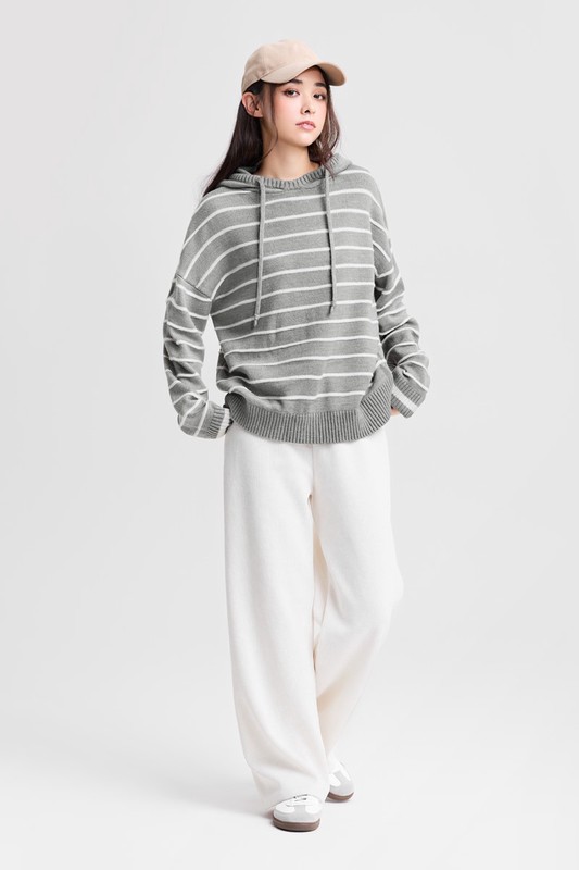 寬版條紋連帽毛衣-女