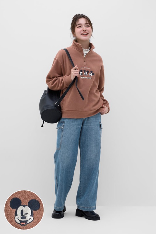 迪士尼系列Fleece寬版半開襟電繡上衣-女