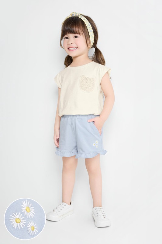 荷葉邊小花電繡鬆緊短褲-童