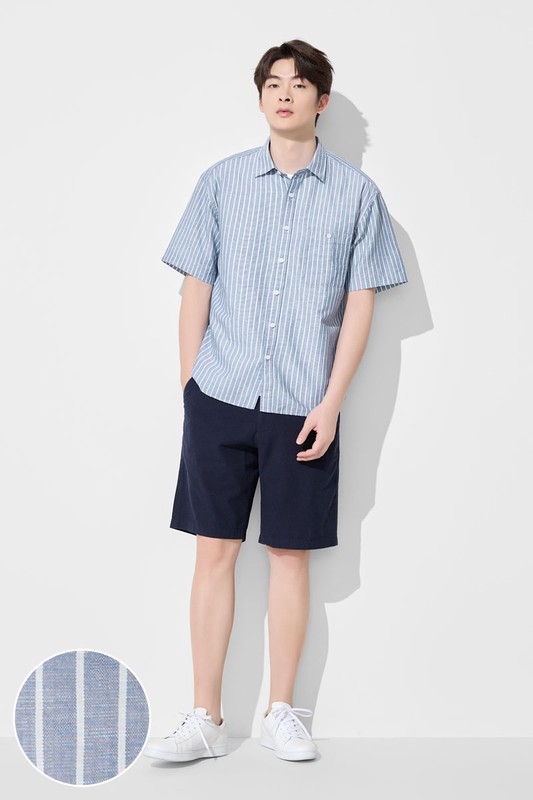 棉麻寬版條紋短袖襯衫-男