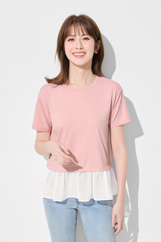 柔滑棉寬鬆雪紡拼接上衣-女