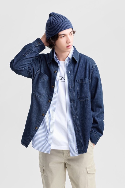 牛仔寬版長袖襯衫-男