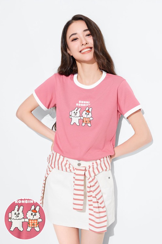 Bunni Konbiny羅紋配色印花T恤-04-女