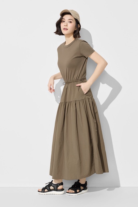 棉質拼接收腰長洋裝-女