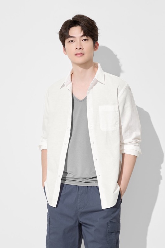 棉麻長袖襯衫-男