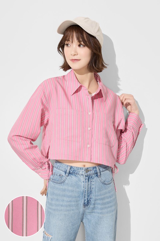 輕柔條紋短版長袖襯衫-女