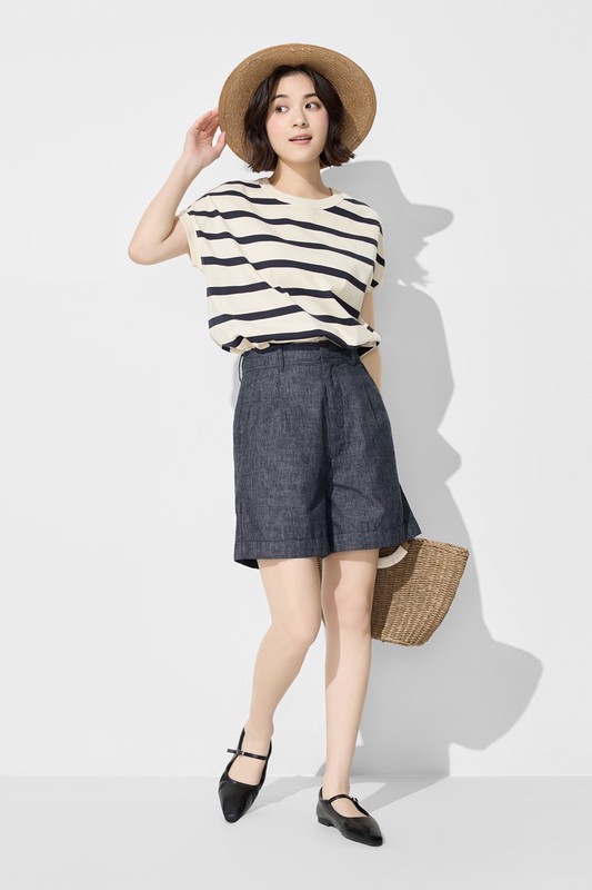 棉麻打褶五分褲-女