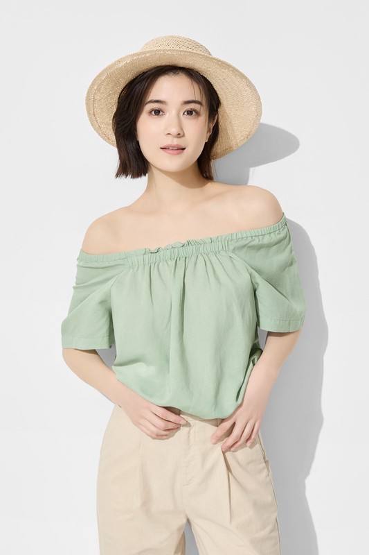 亞麻混紡方領寬版上衣-女