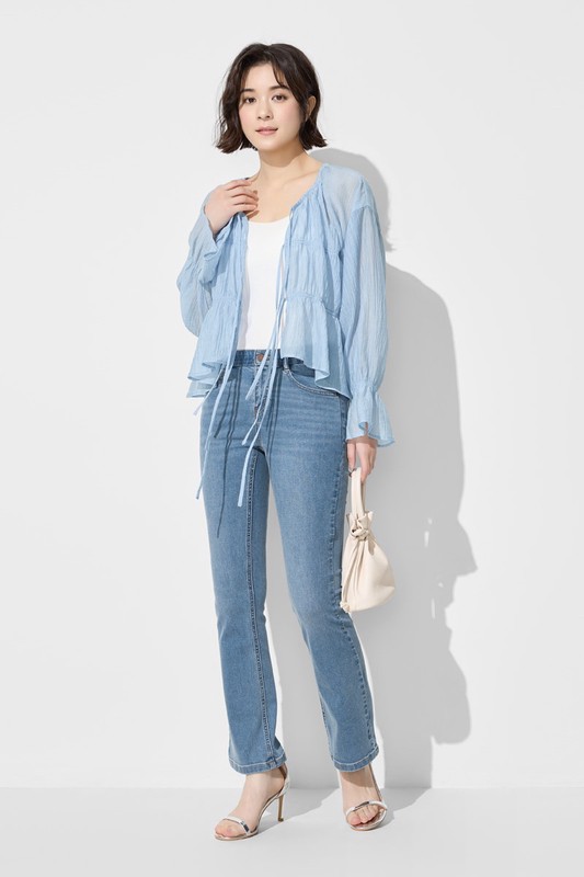 透膚細褶短版綁帶上衣-女