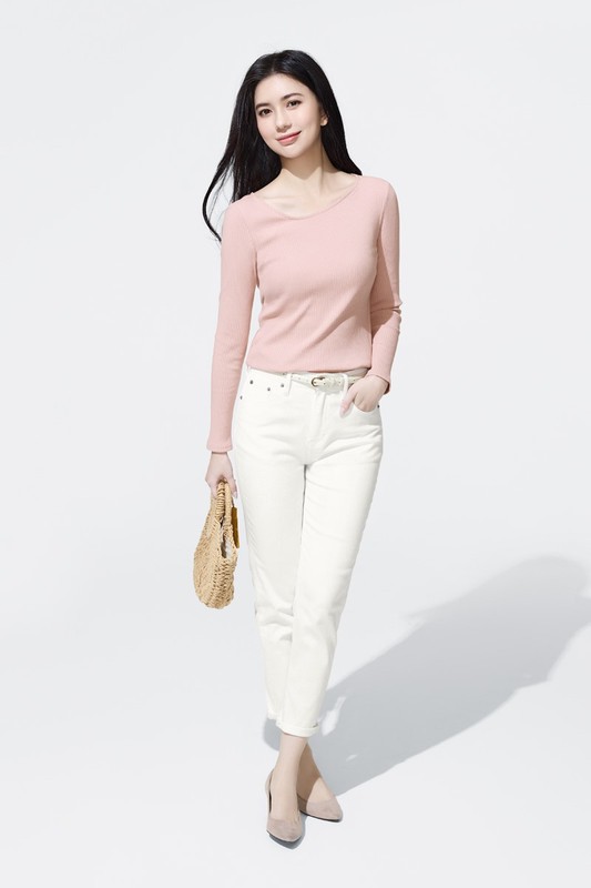 羅紋斜領長袖T恤-女