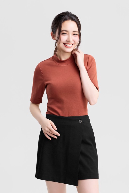 棉質羅紋立領五分袖T恤-女