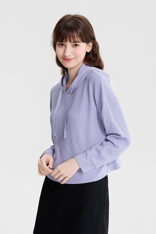 華夫格寬短版連帽上衣-女