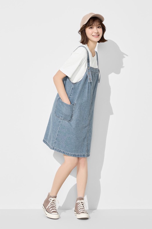 寬鬆牛仔吊帶裙-女