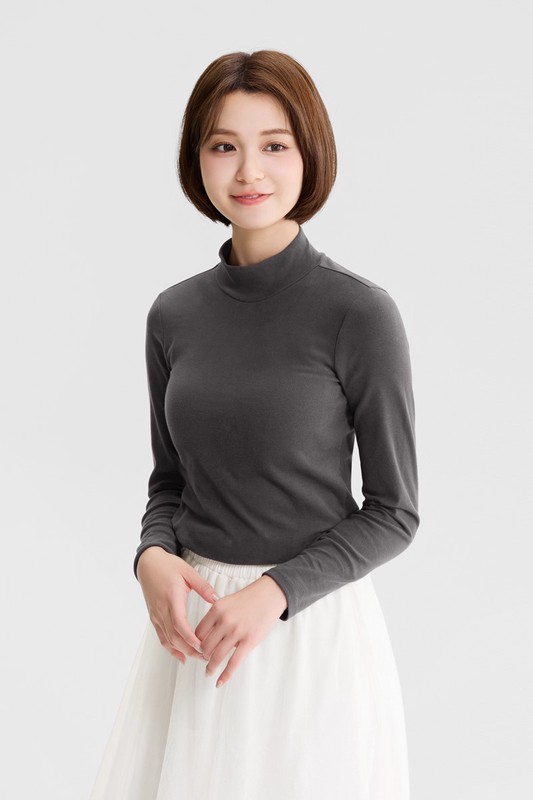 磨毛羅紋立領長袖T恤-女