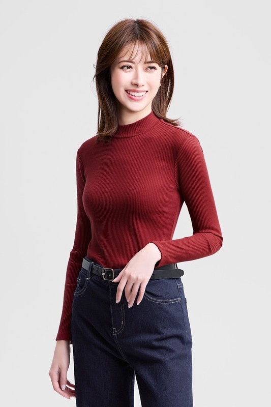 羅紋立領長袖T恤-女