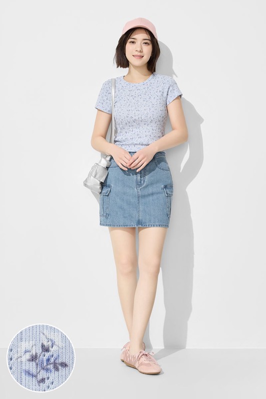 羅紋提花小花短版T恤-女